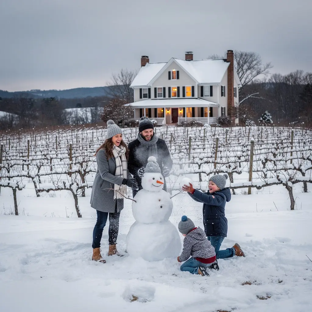 Вид на винодельню с бочками на фоне виноградников.