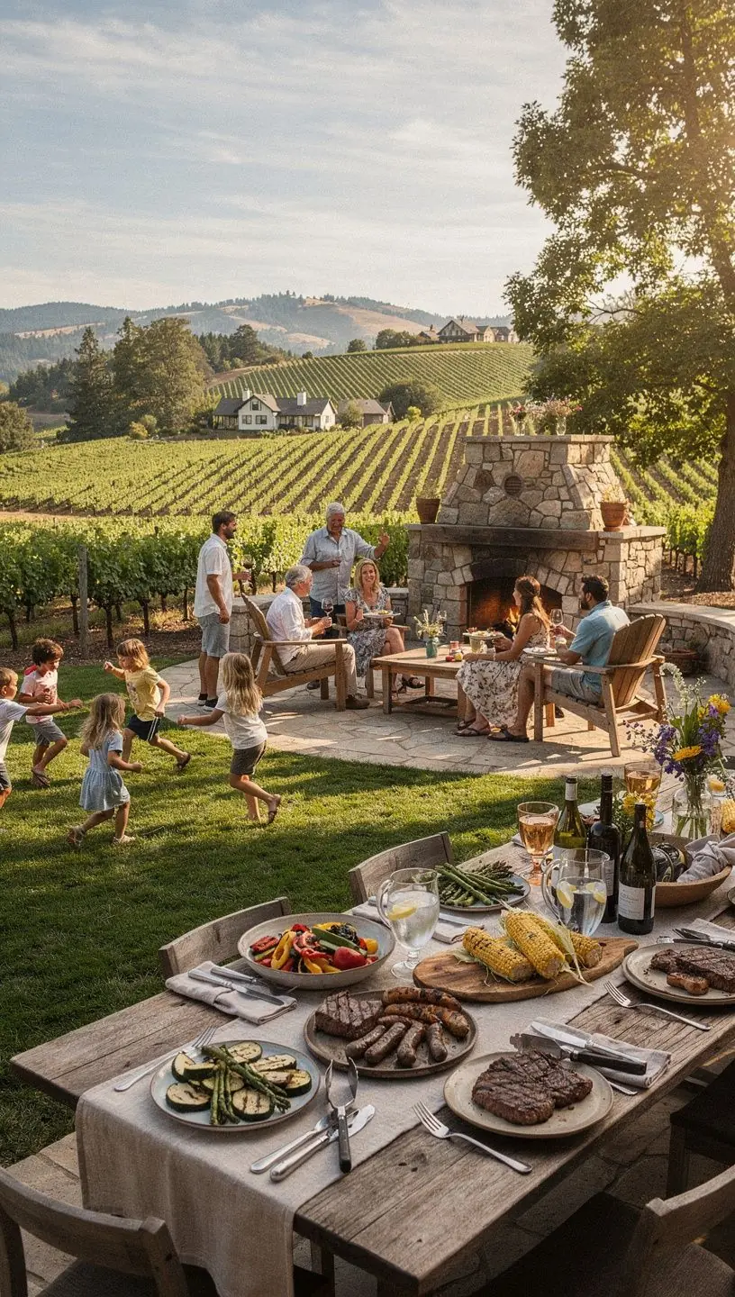 Уютный дом с террасой, окруженный зелеными полями и виноградниками.