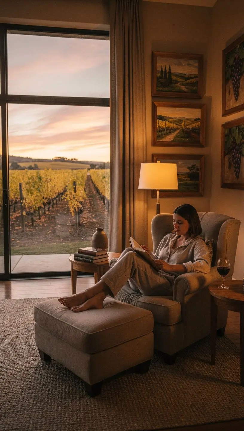 Красивая винодельня с зелеными виноградниками на фоне заката.