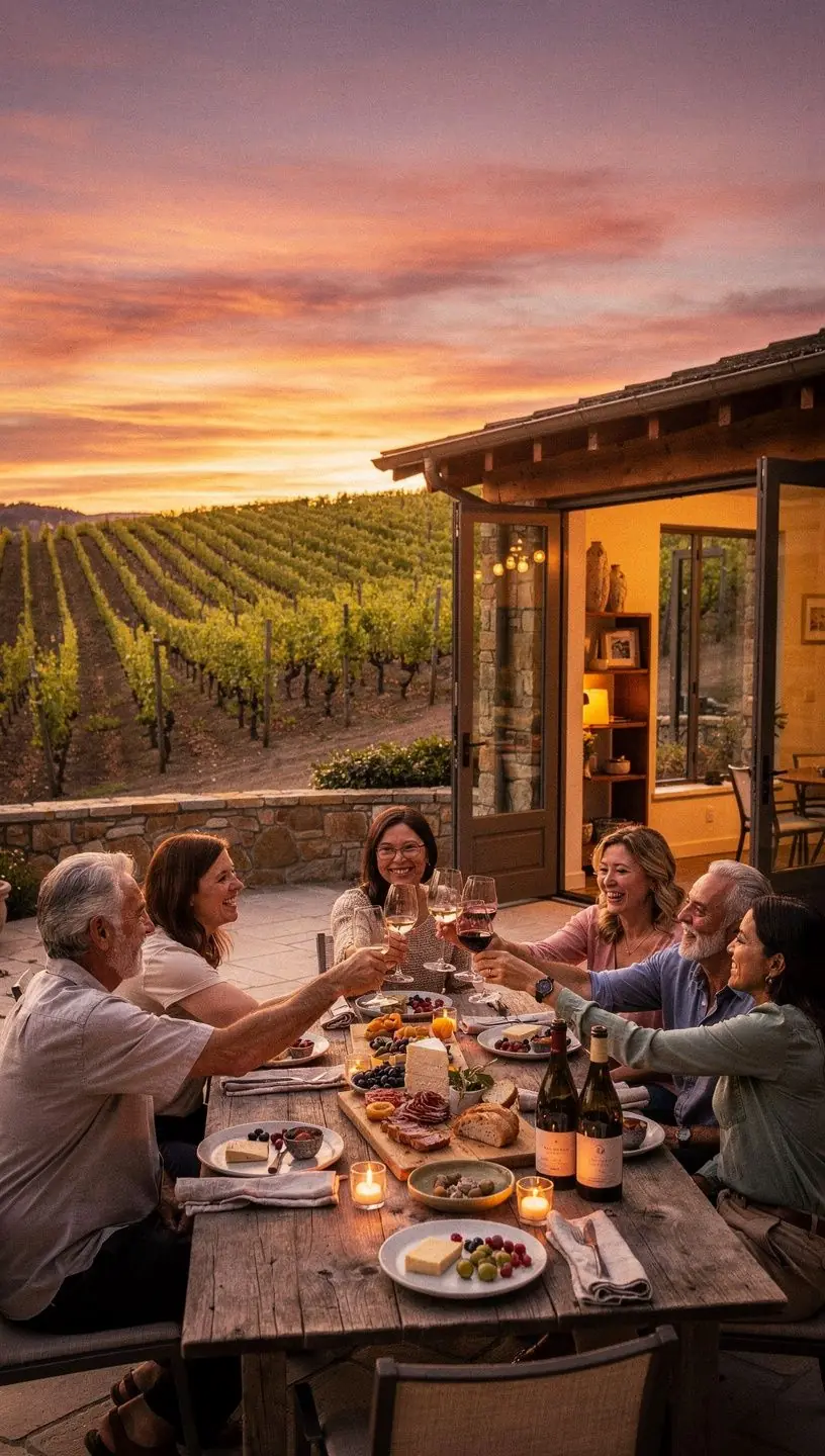 Вид на виноградник с зелеными лозами на фоне голубого неба