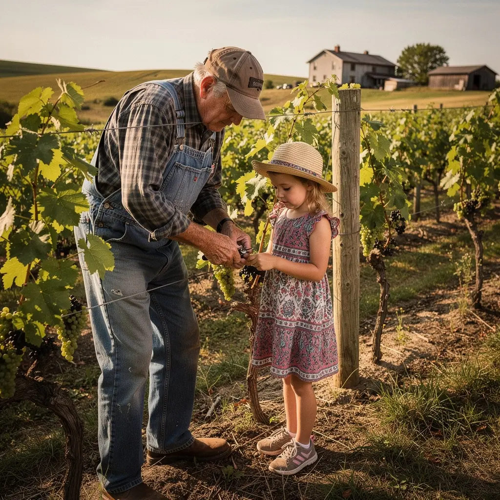Уютный загородный дом с виноградниками на фоне живописного пейзажа.