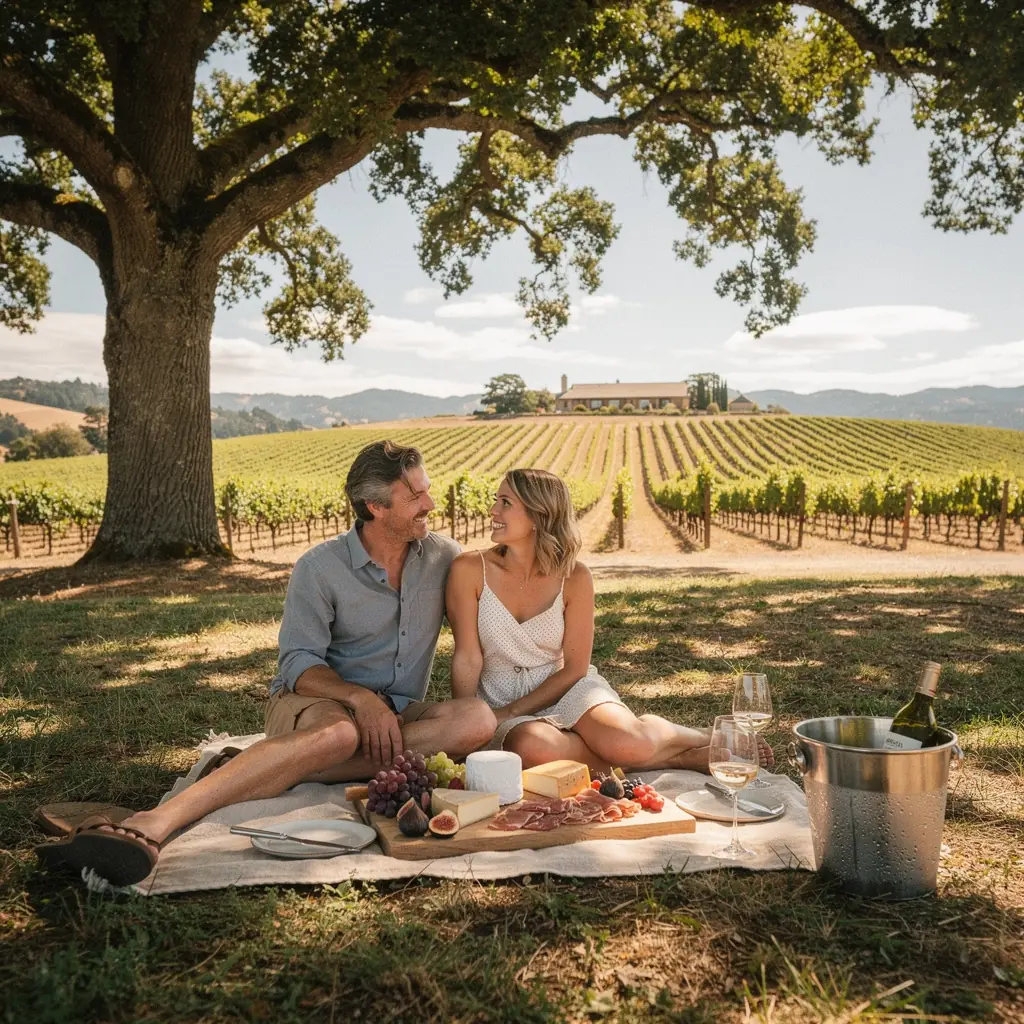 Просторное помещение для отдыха с видом на винодельню и виноградники.