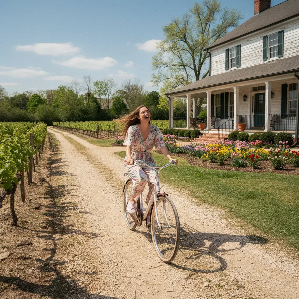 Уютный дом на винодельне с виноградниками на фоне живописного сельского пейзажа.